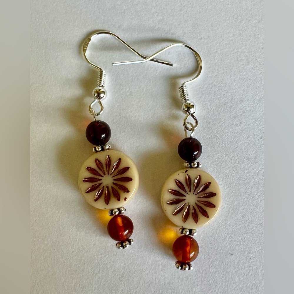 Solid Sterling Czech and Amber Earrings